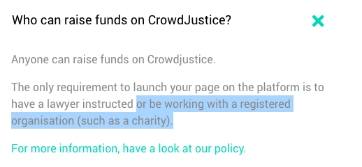 Is this allowed? Normally to raise funds on crowdjustice you have have a lawyer instructed, or be working with a registered org "such as a charity".The Good Law Project isn't a charity. Its a company limited by guarantee.
