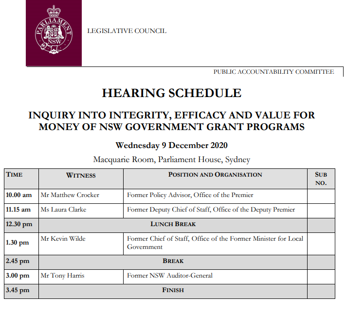 Final hearing for the grants inquiry today and we will hopefullly FINALLY get to the bottom of who in the Premier, Deputy and Minister's offices was involved in the allocation of a quarter of a billion of public money primarily to coalition seats  #nswpol
