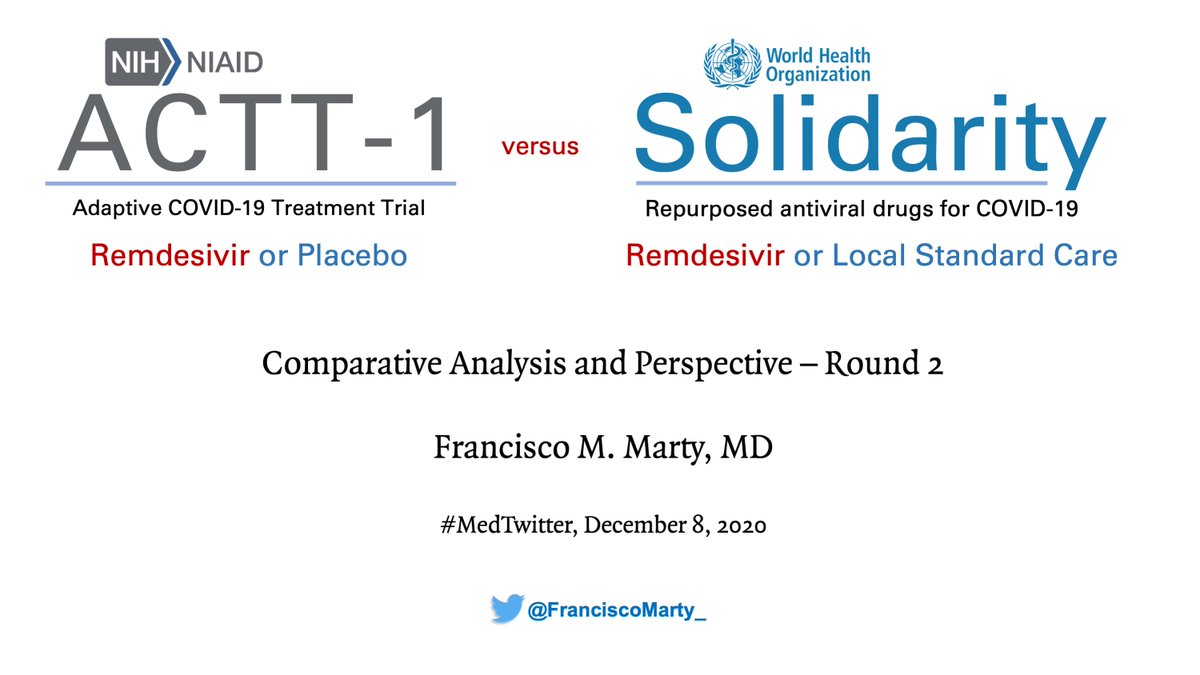 With the . @NIAIDNews  #ACCT1 trial final report published on 05 Nov 2020 and the . @WHO's  #SolidarityTrial Preliminary report published on 02 December 2020, thought it would be good to take another look at both trials and find ways forward for the patients we are dealing with today