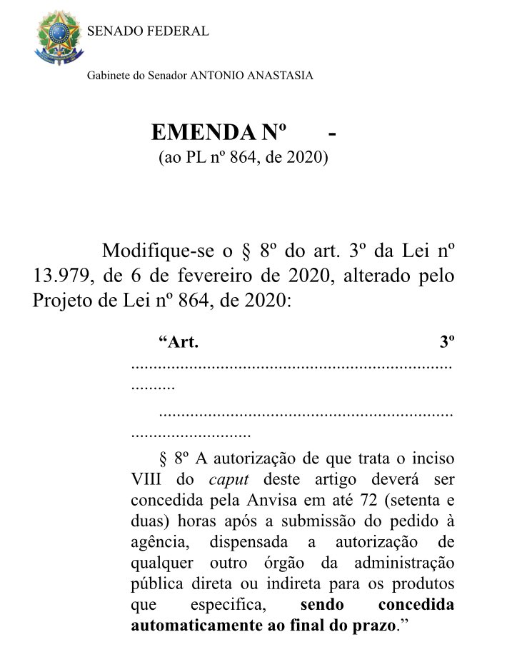 É importante, sim, falarmos sobre a vacina. Uma emenda que apresentei no projeto que se transformou na Lei 14.006, e que já está em vigor, determina que a autorização da Anvisa será tácita se não analisada em 72 horas. Porque a vida não pode esperar. https://t.co/JKq6yaAIvx
