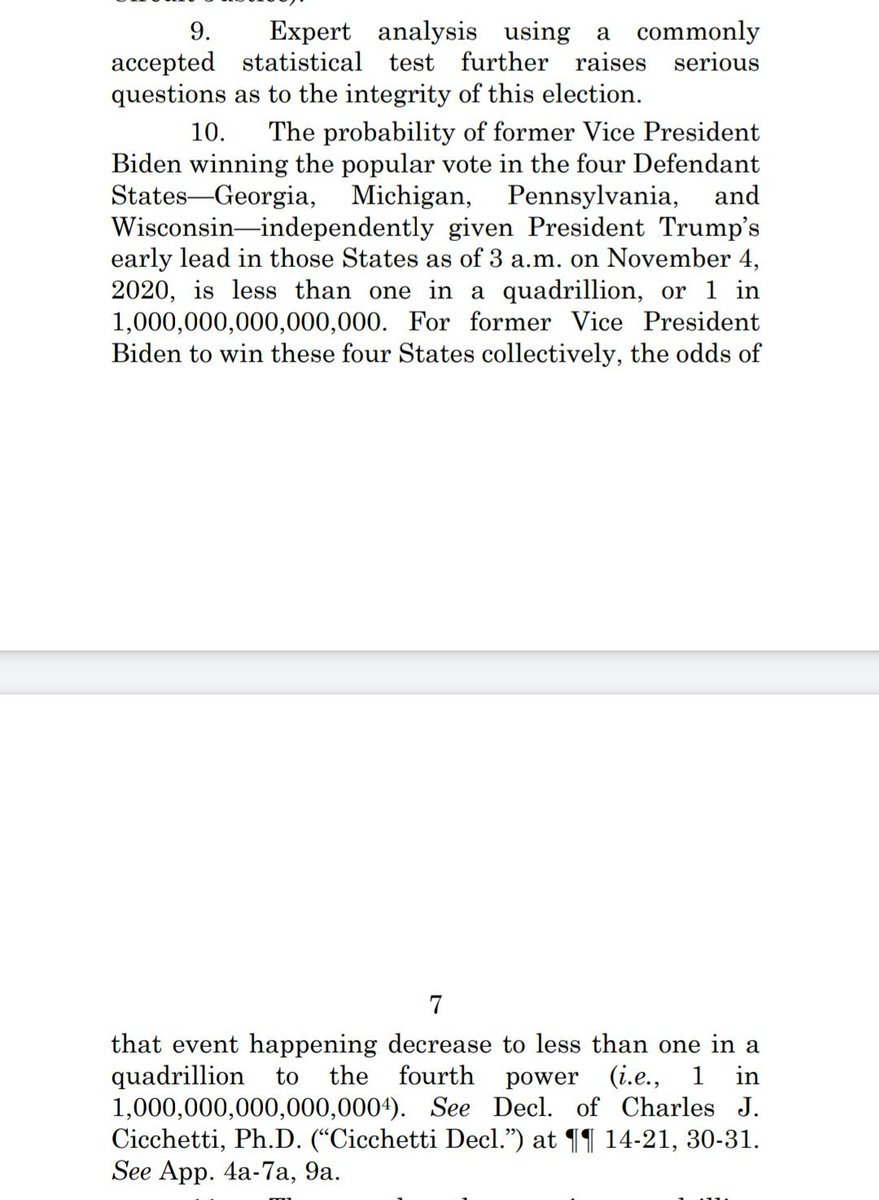 THREAD: I've been reading about Texas'  #SCOTUS filing to overturn the election results in PA, MI, WI, GA. The suit claims there was a "one-in-a-quadrillion" chance Biden could possibly have won even one of these states.I decided to look into how they arrived at that figure. 1/