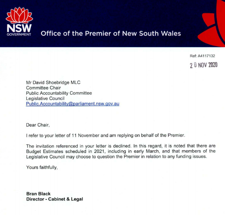 We have only called staffers called as witnesses today because their bosses have refused to attend. It should be the Premier answering these questions directly.