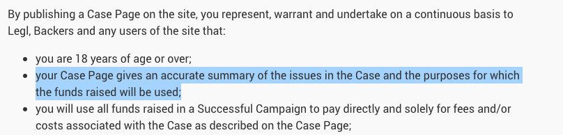 They usually require that you provide an accurate summary of the issues in the case, but that requirement seemed to be waived here. It has not been at all clear what this money is being raised for
