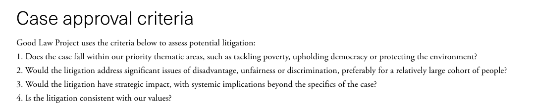 The Good Law Project has case criteria, but none of this says anything about issues of medical consent and children.