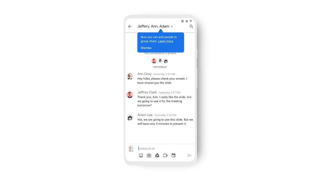 GoogleWorkspace's tweet photo. Users will now be able to add or change members in #GoogleChat for more flexibility when communicating across teams. Learn more → https://t.co/ZaGMp0trCG https://t.co/UHbQNSCbVj
