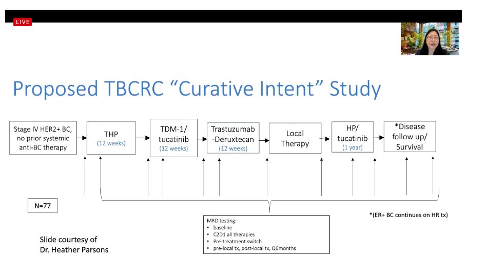 Martha__Carlson's tweet photo. What I'm here for: Curative intent studies in untreated HER2 metastatic breast cancer (proposed on left) & the question of who can stop treatment in the presence of exceptional response w/3+ years on first line (proposed on right). #SABCS20 #ExceptionalResponse #Research https://t.co/zfOctER3Rn