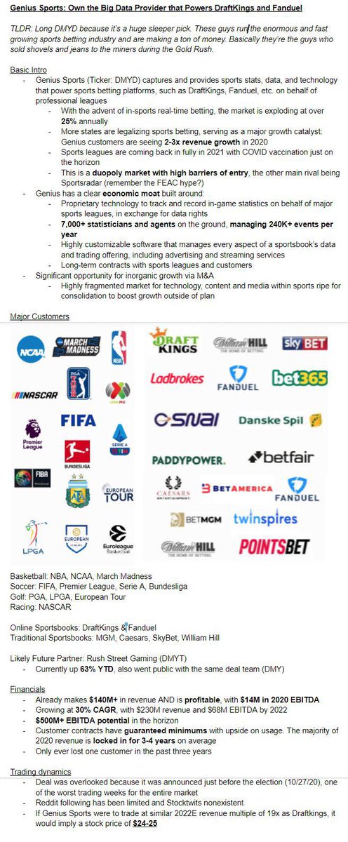  $DMYD is this will become the next Palantir ($PLTR) of the Gambling industry? Genius Sports - basically captures and provides sports stats, data and technology that powers sports betting platforms, such as DraftKings  $DKNG , Fanduel, etc. on behalf of professional leagues
