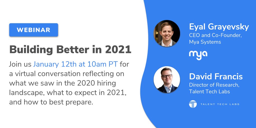 MyaSystems's tweet photo. Join Mya’s CEO and Co-Founder, @EyalGrayevsky and @TalentTechLabs Director of Research, David Francis for a virtual conversation on the recruiting trends of 2020, and what we can expect in 2021. Register here! https://t.co/6UFYXis0l3
#BuildBetterIn2021 #recruiting #FutureOfWork https://t.co/yKjqiyDYiJ
