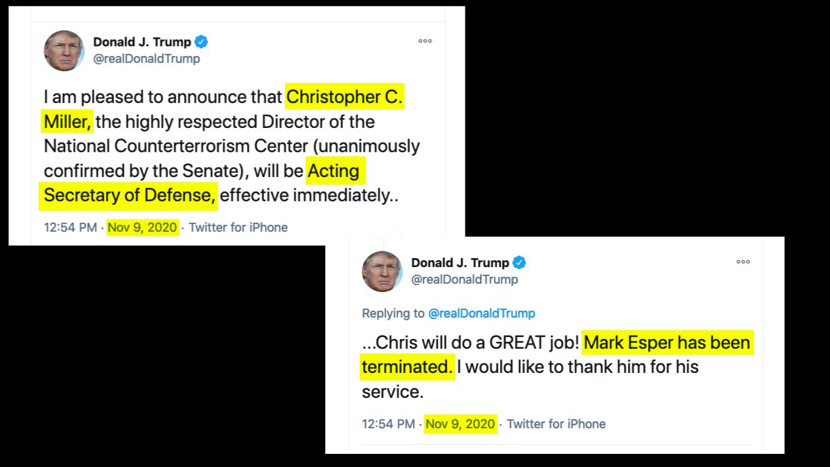 11 of 22Immediately after the raid,  @realDonaldTrump began purging the Defense Department.He dismissed Mark Esper with a Nov. 9 tweet, appointing Chris Miller as Secretary of Defense.Three more DoD officials were purged the next day (Nov. 10). https://twitter.com/realDonaldTrump/status/1325859407620689922?ref_src=twsrc%5Etfw