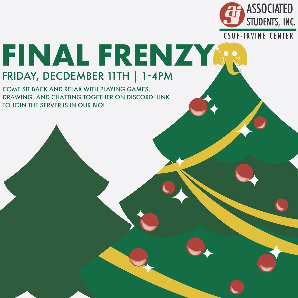 Drop by in our discord to sit back, relax, and chat this Friday! We'll be hosting games on jack box, Among us, and have a live convas to draw together on Anggio! Open to csuf students only