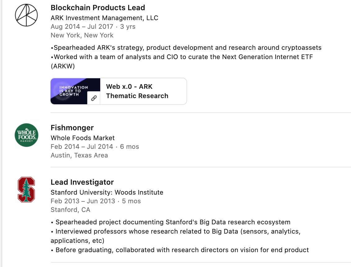 After graduating from Stanford,  @cburniske spent 6 months as a fishmonger at Whole Foods immediately before being a Blockchain Products Lead at ARK Investment Management (and then to  @placeholdervc)