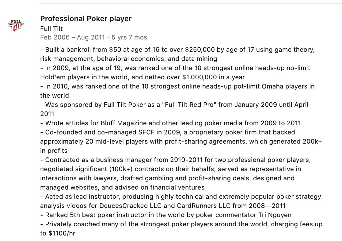  @hosseeb of  @dragonfly_cap was a professional poker player for 5 years between 2006 and 2011, and built "a bankroll from $50 at age of 16 to over $250,000 by age of 17" later becoming one of the 10 best online players.