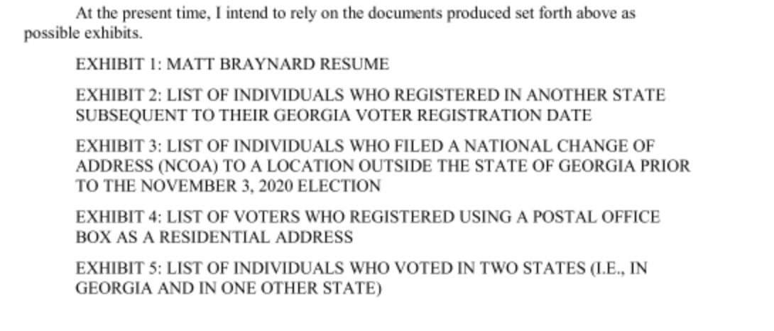 To start, we have an exhibit from Matt Braynard, who infamously used a survey with low respondents to extrapolate supposed fraudulent votes in another suit. I'm not posting the link to expose peoples' addresses unnecessarily in this environment.