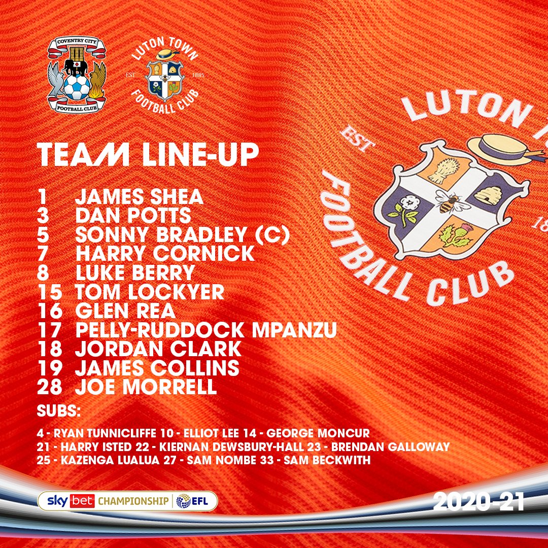 LutonTown's tweet photo. 🎩 Led by our club captain, the Hatters to take on Coventry City tonight 👇

Welcome back @SonnyBradley91 🧡

#COYH https://t.co/D1L7zvinKU
