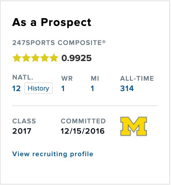 Was the #1 WR Recruit in the country (2017)Was known for his insane athleticism combined with his large size Held offers from 24 schools before committing to Michigan including Alabama, OSU & Clemson