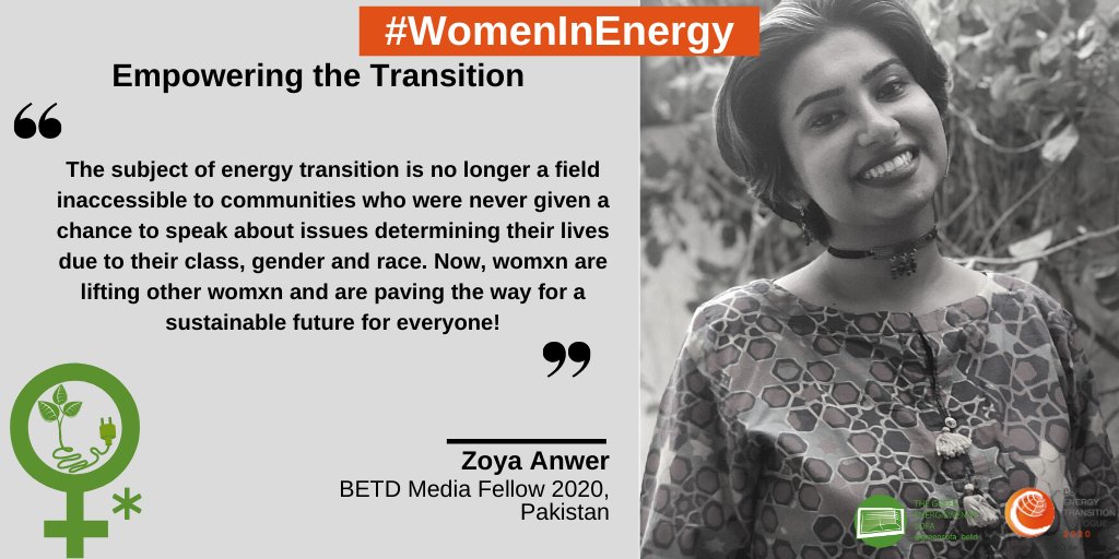 We're proud of our @ZoyaAnwerNaqvi 🇵🇰, who is a media fellow supporting the #betd2020 theme week on #WomenInEnergy - #empowering the transition. 

Together for the global #Energiewende, a #GreenDeal & #GreenRecovery! 🌏♻️✅