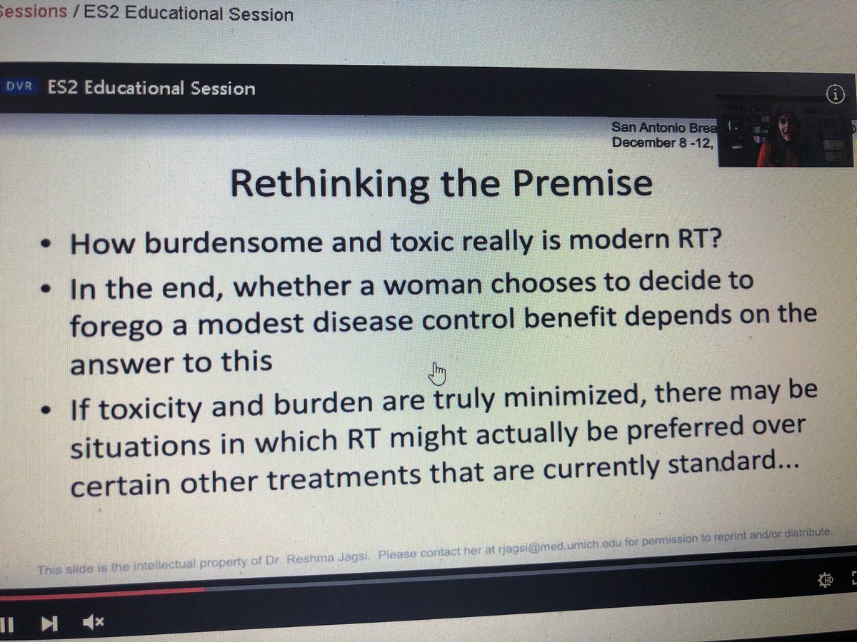 Impressive RT de-escalation studies. FAST-forward 5 yr data showing 1 wk RT non inf to 3, should this impact our discussion of omission of radiation vs ET in older breast ca pts? Some may prefer RT alone -Dr. @reshmajagsi #SABCS2020 #bcsm