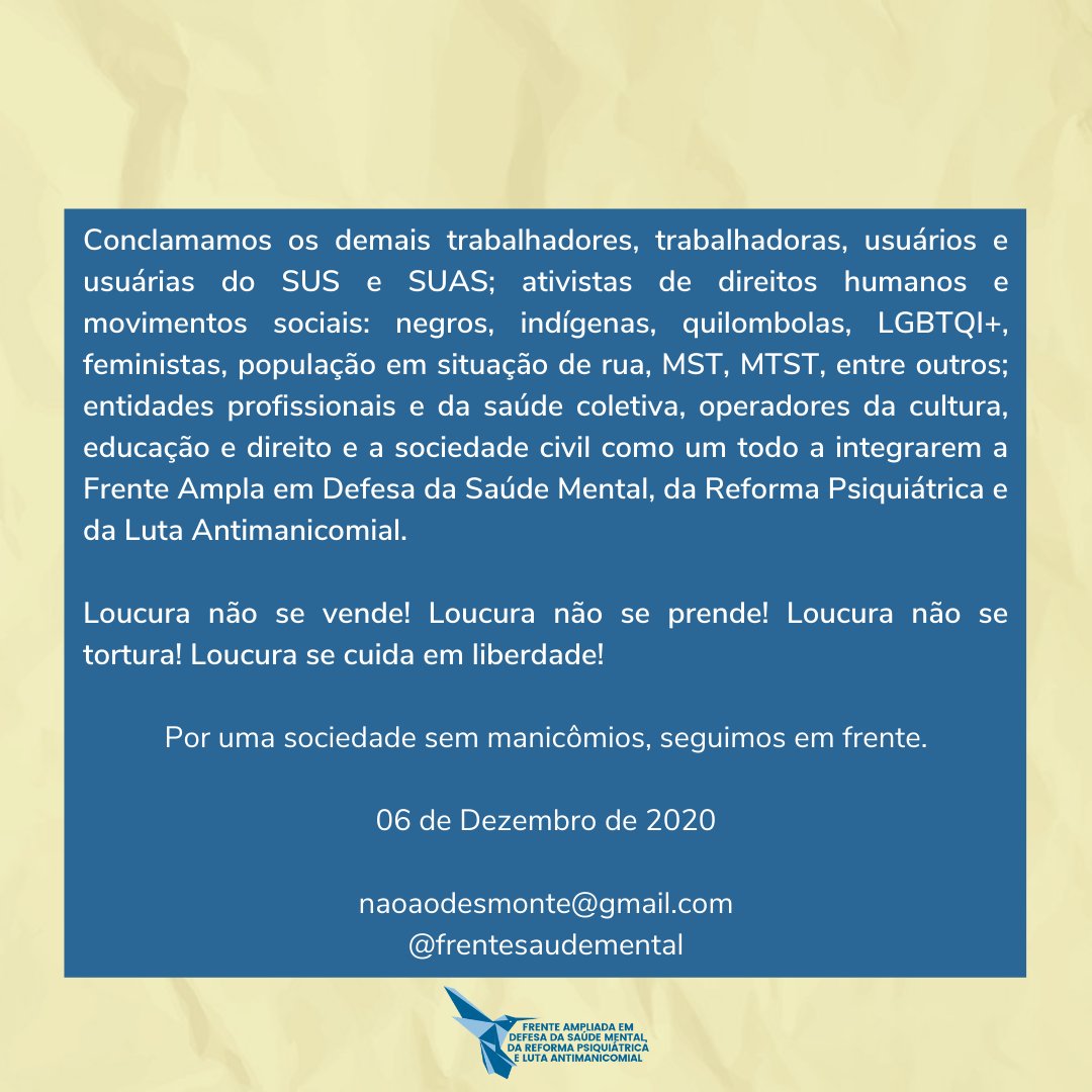 frentesm's tweet photo. Manifesto da Frente Ampla em Defesa da Saúde Mental, da Reforma Psiquiátrica e da Luta Antimanicomial! Compartilhe e faça chegar a mais pessoas para que a nossa luta se fortaleça! https://t.co/xCFmv9xri0