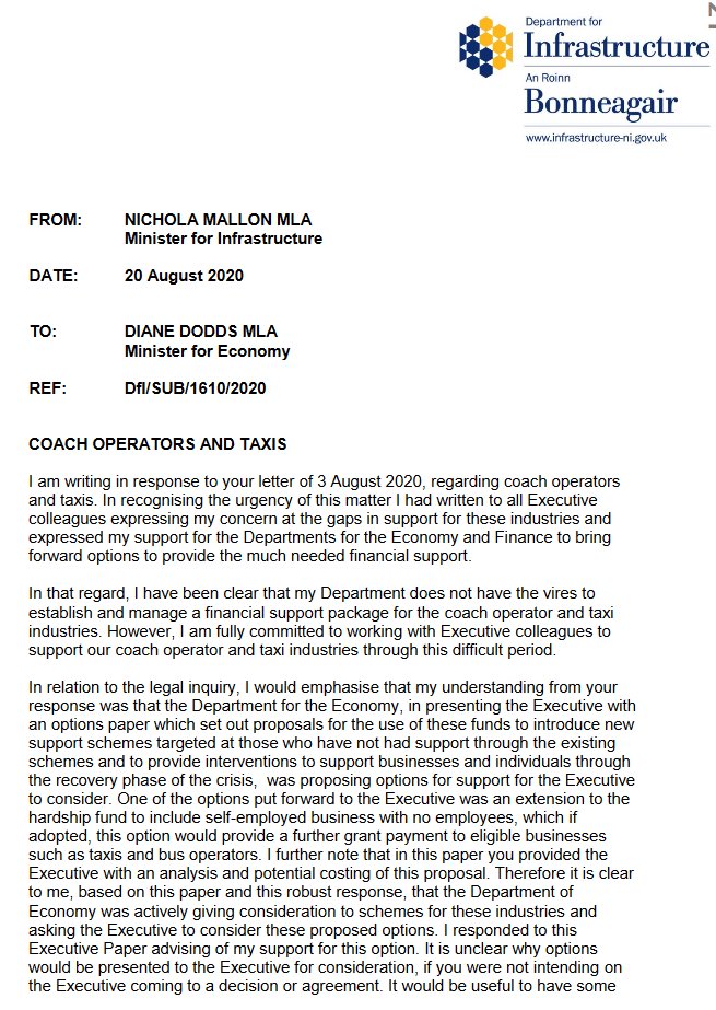 Beyond guidance, Minister Mallon was also pressing for financial intervention to support the taxi sector. As the Minister for the Economy, Diane Dodds has responsibility for the Executive’s Income Subsidy schemes. These letters from August 