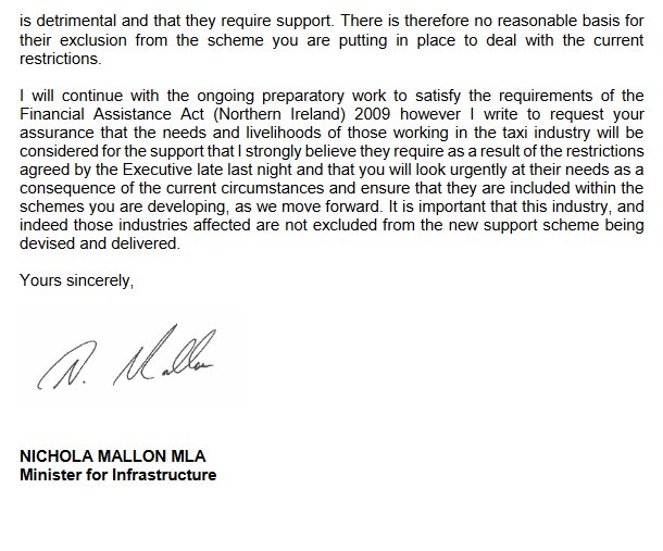 Further support was sought from the Finance Minister in October:‘I write to request your assurance that the needs and livelihoods of those working in the taxi industry will be considered for the support that I strongly believe they require’.