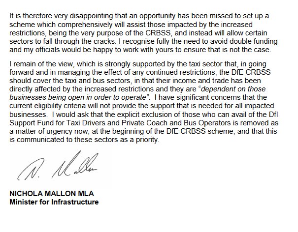 A few weeks ago, the Economy Minister was AGAIN asked why the taxi sector is being excluded from support schemes.  @NicholaMallon explicitly sets out the case for including these workers in Part B of the CRBSS package.