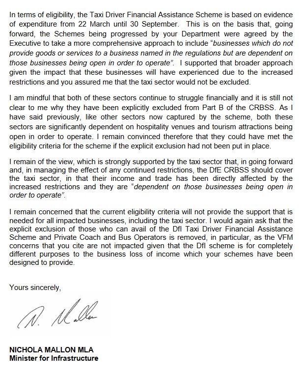 As recently as 23 November, the case was being made for including the taxi sector in Part B of the Dept Economy Scheme.  @NicholaMallon clearly sets out that her scheme is an overhead cost relief scheme and should not prevent access to further support.