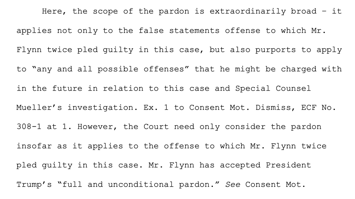 Sullivan points out Flynn's pardon is "extraordinarily broad," but says he only needs to consider the part of it that covers the charge Flynn pleaded guilty to