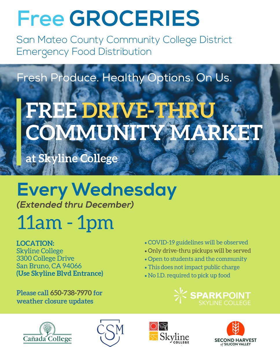 Help spread the word about these free food resources - CSM and Skyline extend service dates to May 2021 for free drive thru  community market. See the flyers for details.