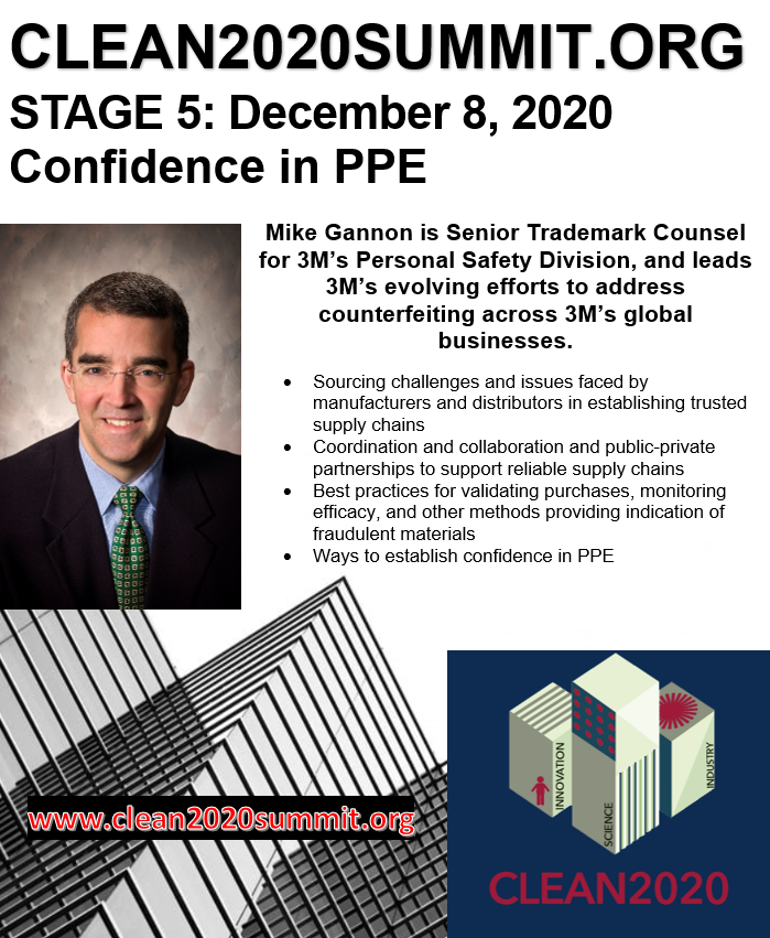 Happening at 2:00 PM EST, the next session: Supply chain – PPE and industry source materials. Note that Mike Gannon of 3M will be on the panel. #clean2020 #PPE #respirators #COVID19