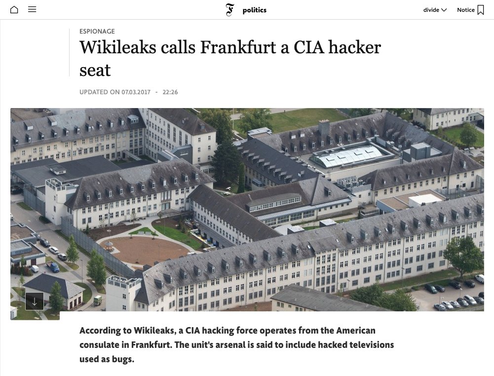 According to Wikileaks dispatches, the US consulate in Frankfurt is in fact a covert CIA base which is being used to develop hacking tools as part of the CIA's massive digital arsenal. https://amp.dw.com/en/frankfurt-used-as-remote-hacking-base-for-the-cia-wikileaks/a-37841830?fbclid=IwAR2hbCUDzwJ-QWUBq5Y_mMkeR7A99hDUPP167pP6QTcfgpY8AwhD1ANrTPU&__twitter_impression=true