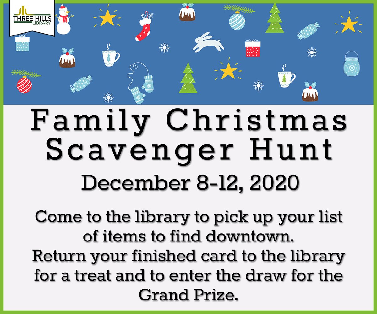 It's time to go on a Scavenger Hunt! Stop by the library with your family to pick up a card.  Make sure you return your completed card by the end of the week to enter the draw for our fabulous grand prize!
