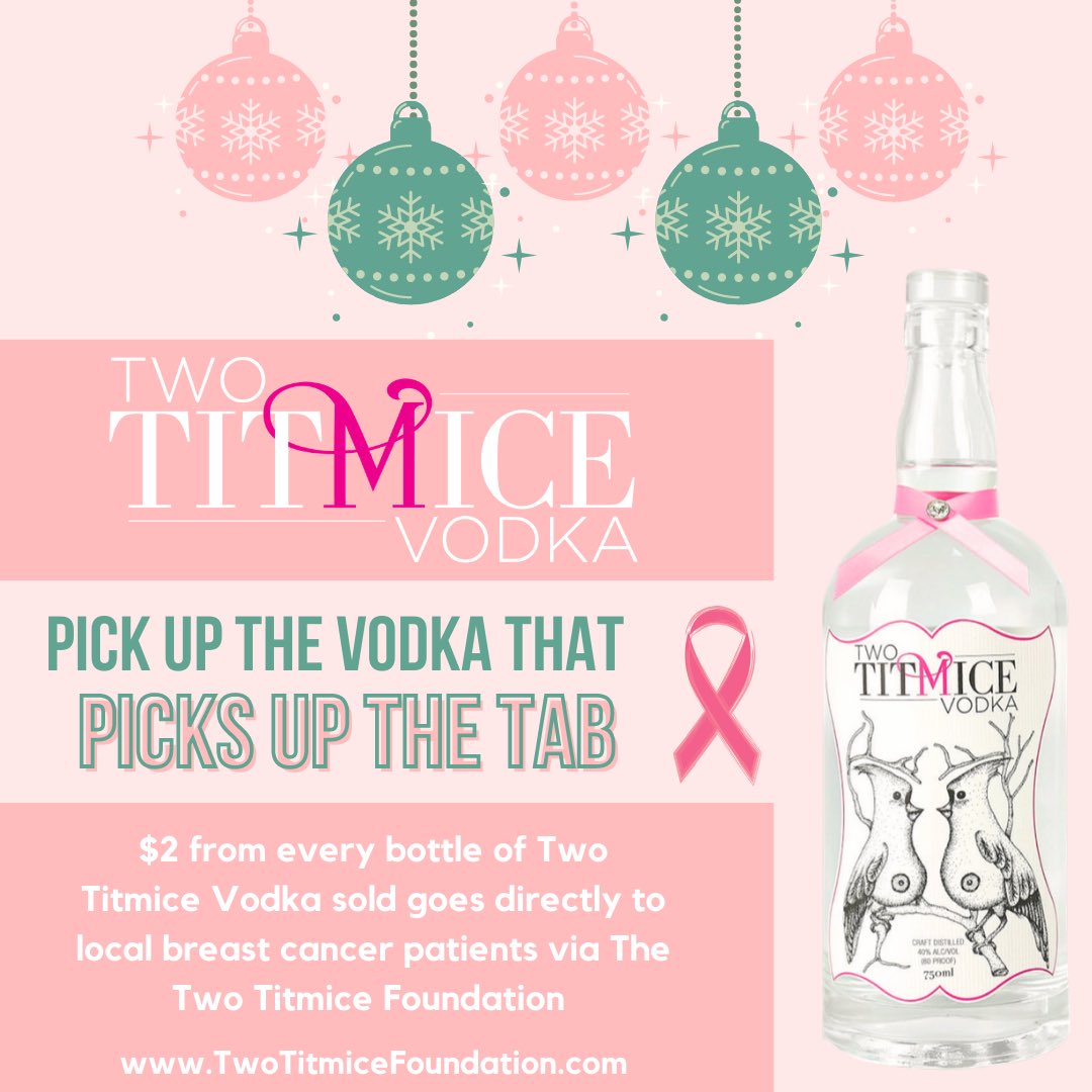TwoTitmiceVodka's tweet photo. Give the gift that gives! $2 from the sale of every bottle of Two Titmice Vodka goes directly to patients fighting breast cancer via the Two Titmice Foundation!   #breastcancer #twotitmicevodka #metastaticbreastcancer https://t.co/wkQEotka49 https://t.co/eOek102Jp7
