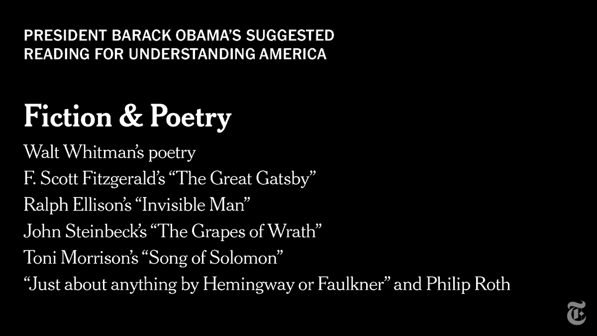nytimesbooks's tweet photo. What literature would former President Barack Obama recommend to someone who just arrived in America and wanted to understand this complex, sometimes confounding country? Off the top of his head, he'd suggest: https://t.co/vieCVAmY7T https://t.co/4serRp81q1