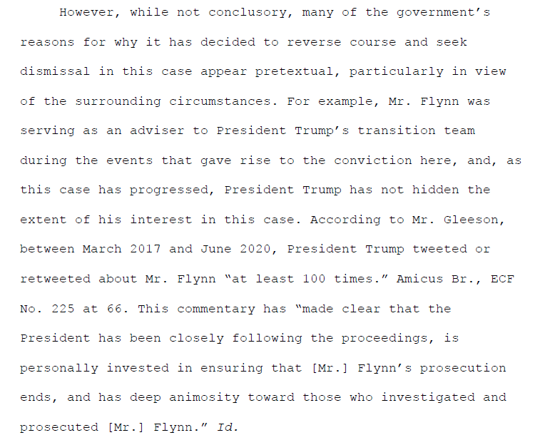 Sullivan is stating the obvious, and with circumspect language, but still remarkable to read a judicial opinion that concludes that, from available evidence, it appears the president interceded with the DOJ to assist his crony in escaping criminal charges.