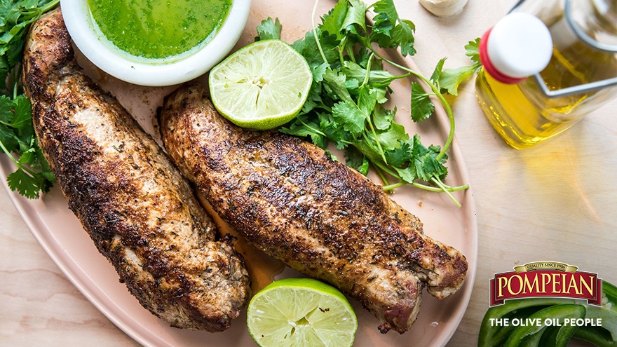 The perfect holiday meal starts with a bit of prep and a pour of Pompeian! Adding Robust EVOO to your marinade gives this Pork Tenderloin the flavor and nutrients it needs to be the center of your table! Save some EVOO for the Aji Verde Sauce on top! bit.ly/2LdOkLf