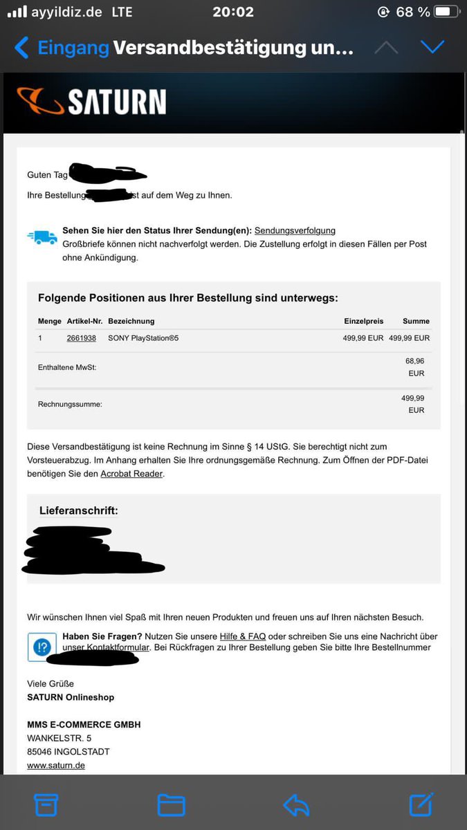 maxi14200's tweet photo. Endlich eine Versandbestätigung von Saturn endlich kommt die PS5🤩 #saturn #ps5 @gameswirtschaft @PlayStationDE @SaturnDE (Bestellnummer 9174) https://t.co/l0iPF1X3yd