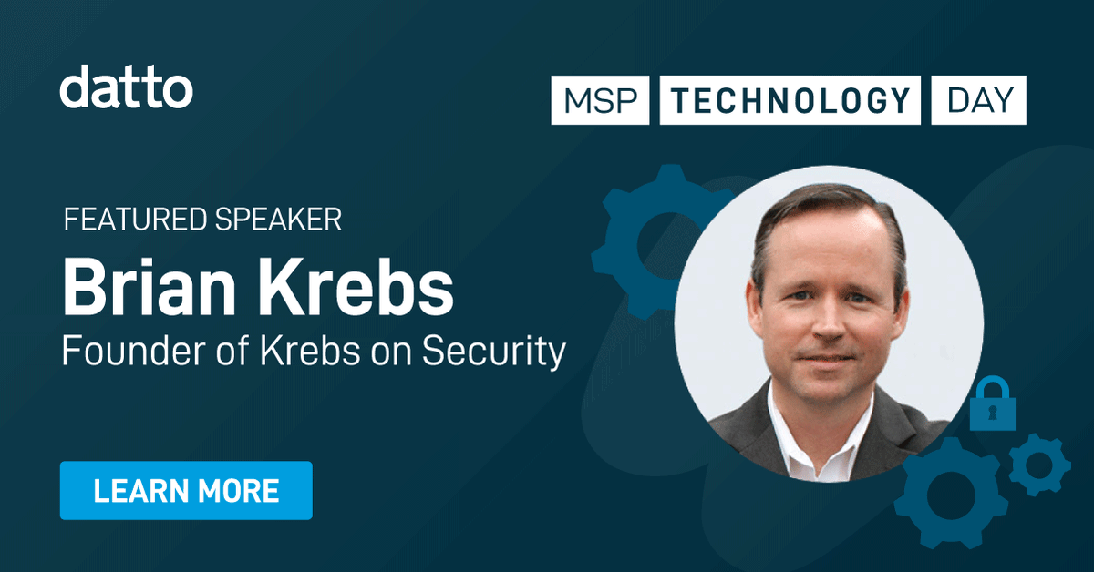 JesDiehl's tweet photo. Join us on December 9th for Datto's MSP Tech Day to hear Brian Krebs, journalist, investigative reporter, and security expert, share his insights on the latest cybersecurity trends. https://t.co/qRaCBaW55y Register today. #DattoMSPTechDay https://t.co/W893Y5NqKB