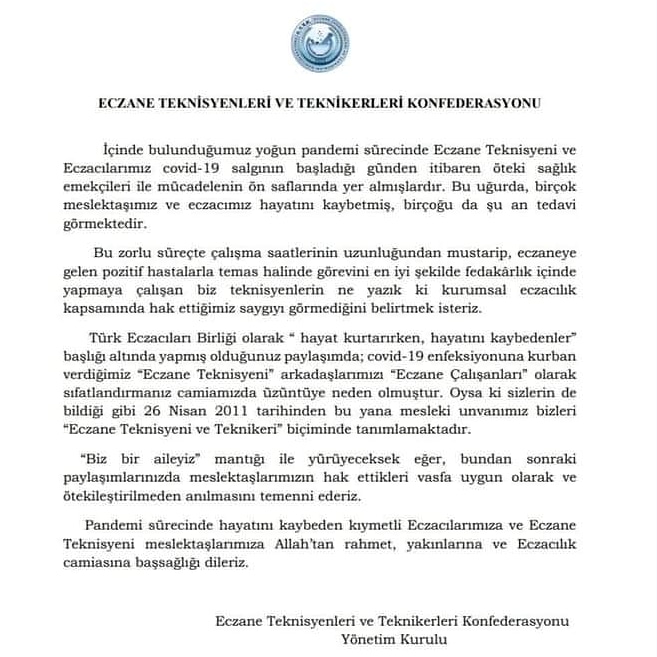 Türk Eczacıları Birliği ve ona bağlı bölge Eczacı odalarına saygılarımızla duyururuz.