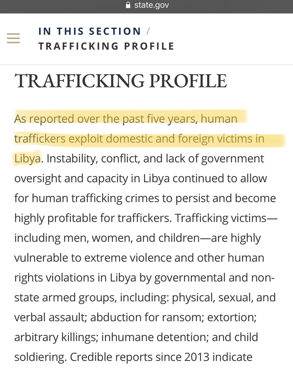 Although subsaharan Africans make up the majority of the migrant population, we also see North African and Middle Eastern victims, alongside Libyans themselves. US department of state website says: