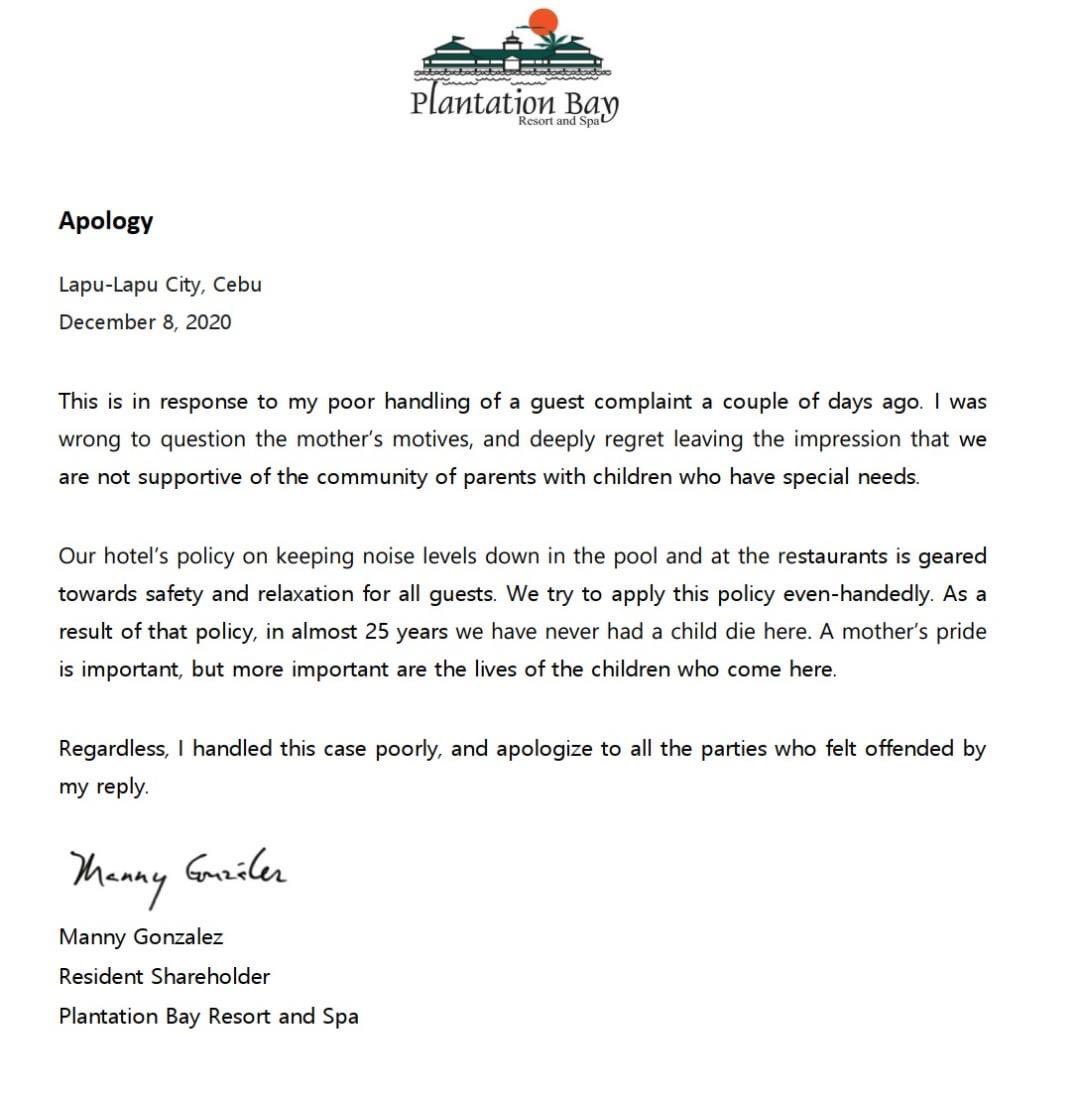 DrewSarmiento's tweet photo. Part 5... Then the half assed “apology” he probably was forced to write due to the unrelenting backlash and outrage from the netizenry....

#cancelmannygonzalez #boycottplantationbay #AutismAwareness
#autismdiscrimination https://t.co/RIHIAYLO76