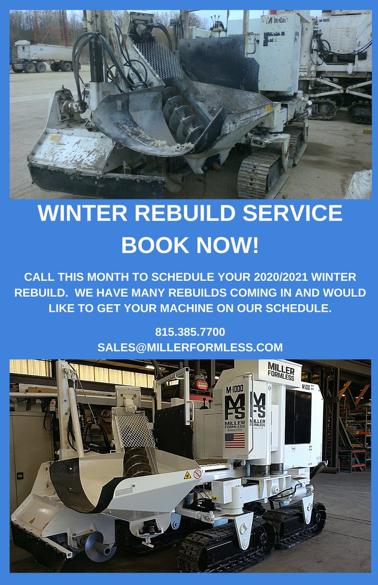 MillerFormless's tweet image. Call today to schedule your 2020-2021 winter machine rebuild. #millerformless #curbandgutter #slipform #concrete #construction