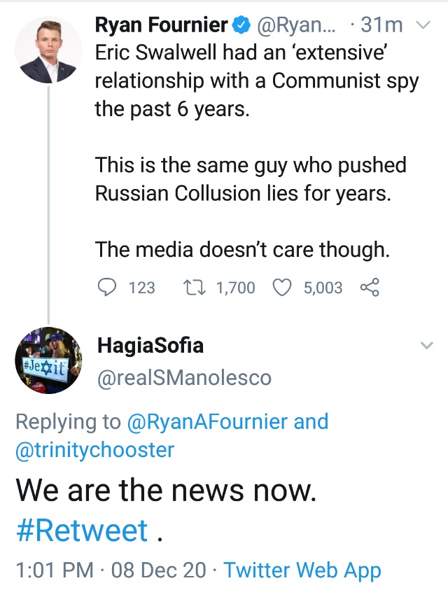 Well, this is weird. Here we have an account with a "Jexit" profile photo tweeting a QAnon phrase in reply to Neo-Nazi Lite influencer Ryan Fournier. Real account or op account?