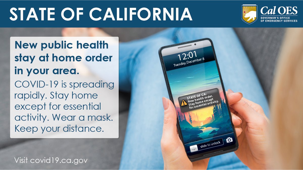 Cal_OES's tweet photo. .@Cal_OES will issue region-wide emergency alerts at noon Tuesday, asking residents to stay home except for essential activities. The alert will be sent via text message through the Wireless Emergency Alerts (WEA) system across Southern California and the San Joaquin Valley. https://t.co/RZl8dUY5d7