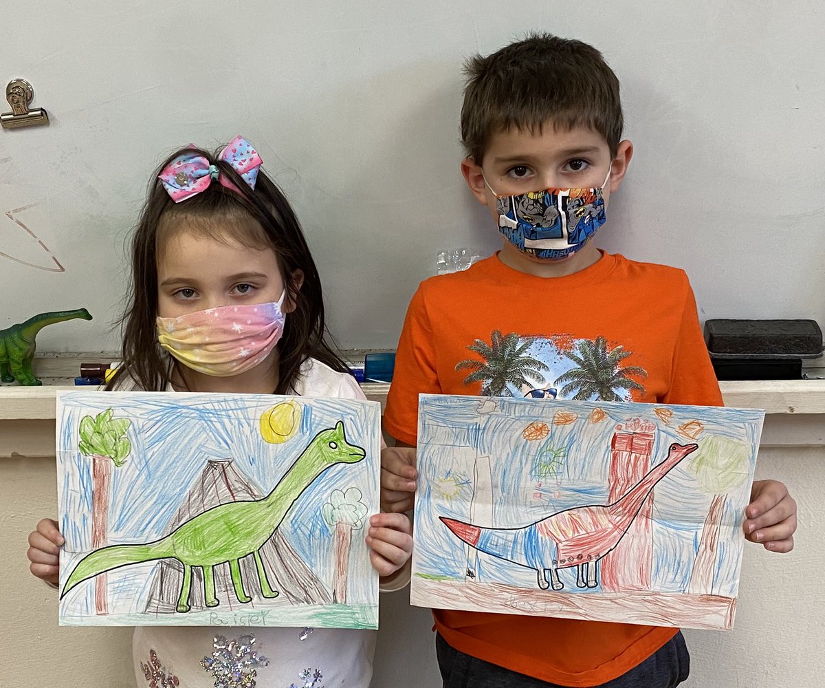 ArtAndMsG's tweet photo. Even more wonderful #kindergarten brachiosaurus drawings, from Paisley, Bexley, Liliana and Braxton. #artclass #elementaryart #RHLSD_Colts https://t.co/fo79SsWBlE