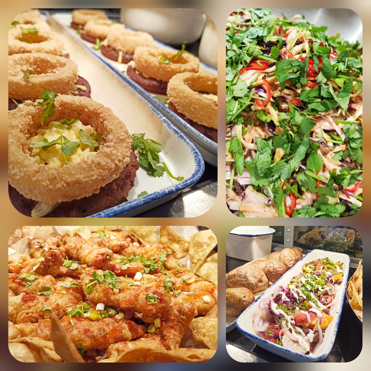 At Quayside Restaurant 👍😃
Onion Baji Burgers with vegan cheese and onion rings and Coriander Houmous🍔🍔🍟
Mexican Spicy Fish Tacos with pan fried garlic soured cream dressed rainbow vegetables.🌮🌮