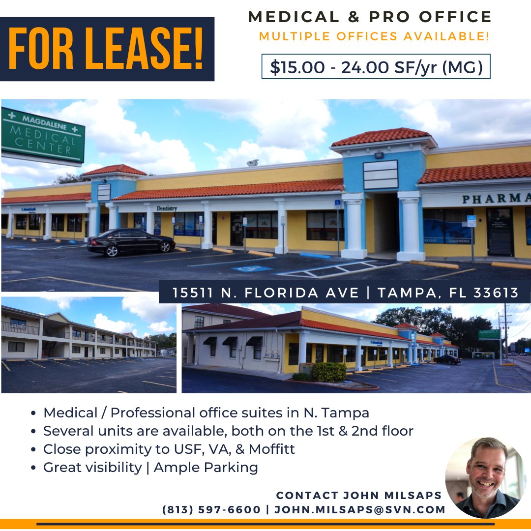CREPropertyWire's tweet image. 📣New office listing! 🙌 We're pleased to share with you John Milsaps' latest office listing for a medical/professional office lease in Tampa.

📲 Contact him for more info or get details here bit.ly/3gsxPXo 

#officeleasing #svn #officemarket #tampaofficepro #tampacre