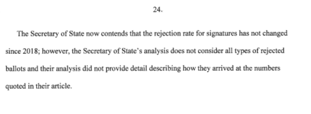 Another Bryan Geels affidavit - this time continuing a faulty argument that rejections were lower than previous years. Apples and oranges.He also just straight up admits he doesn't know how to calculate rejection rates for different categories (late, signature issue, etc.)