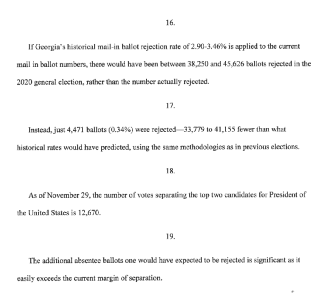 Another Bryan Geels affidavit - this time continuing a faulty argument that rejections were lower than previous years. Apples and oranges.He also just straight up admits he doesn't know how to calculate rejection rates for different categories (late, signature issue, etc.)