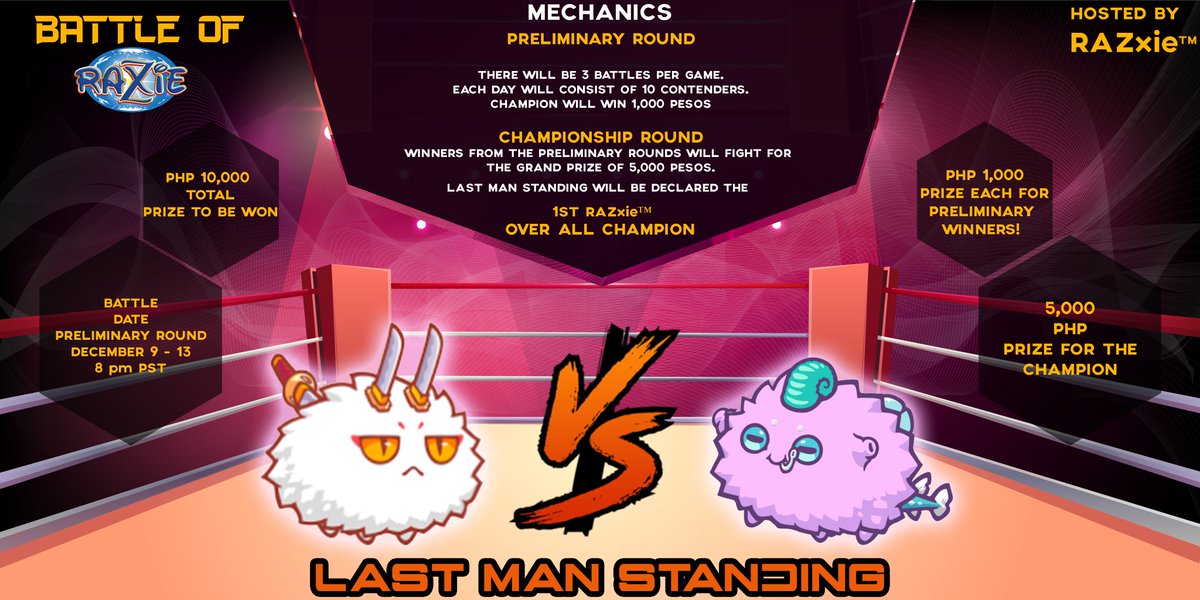 razxietm's tweet photo. Get ready for our Axies Epic Battle!!!
Witness the battle of the RAZxie™ Scholars. A showcase of their knowledge, skills and strategies.
#RAZxie™
#RAZxieInfinity
#RAZxieUniversity
#CryptoGame
#Play2Earn $SLP $AXS https://t.co/EOz50RcZvP