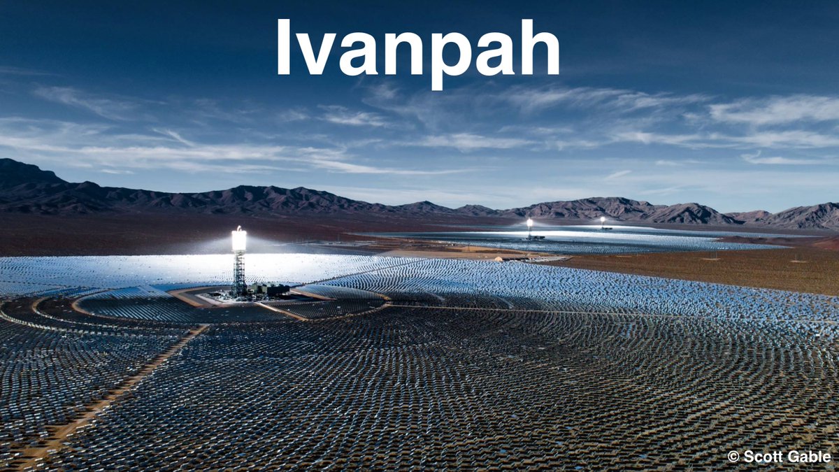 If you've ever driven into Las Vegas from California, you passed by this epic field of ten thousand mirrors, each the size of a garage door. Sunlight is concentrated to the top of a tower to heat molten nitrate salts over 900 degrees Fahrenheit.Here's a thread on hot salt 1/n